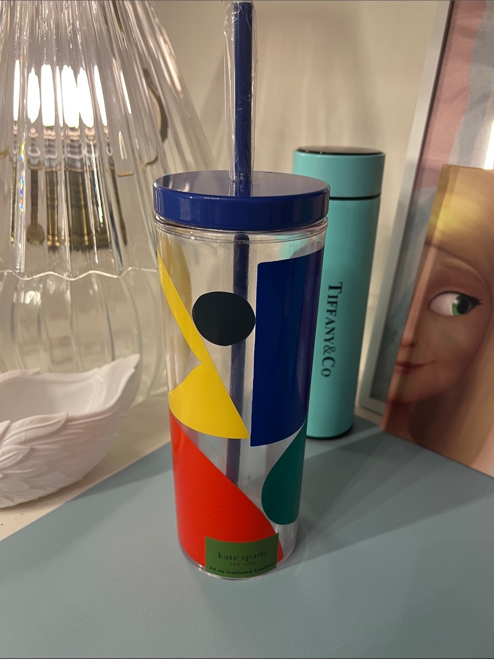 kate spade Multicolor Geometric Acrylic Tumbler with Navy Lid and Straw
